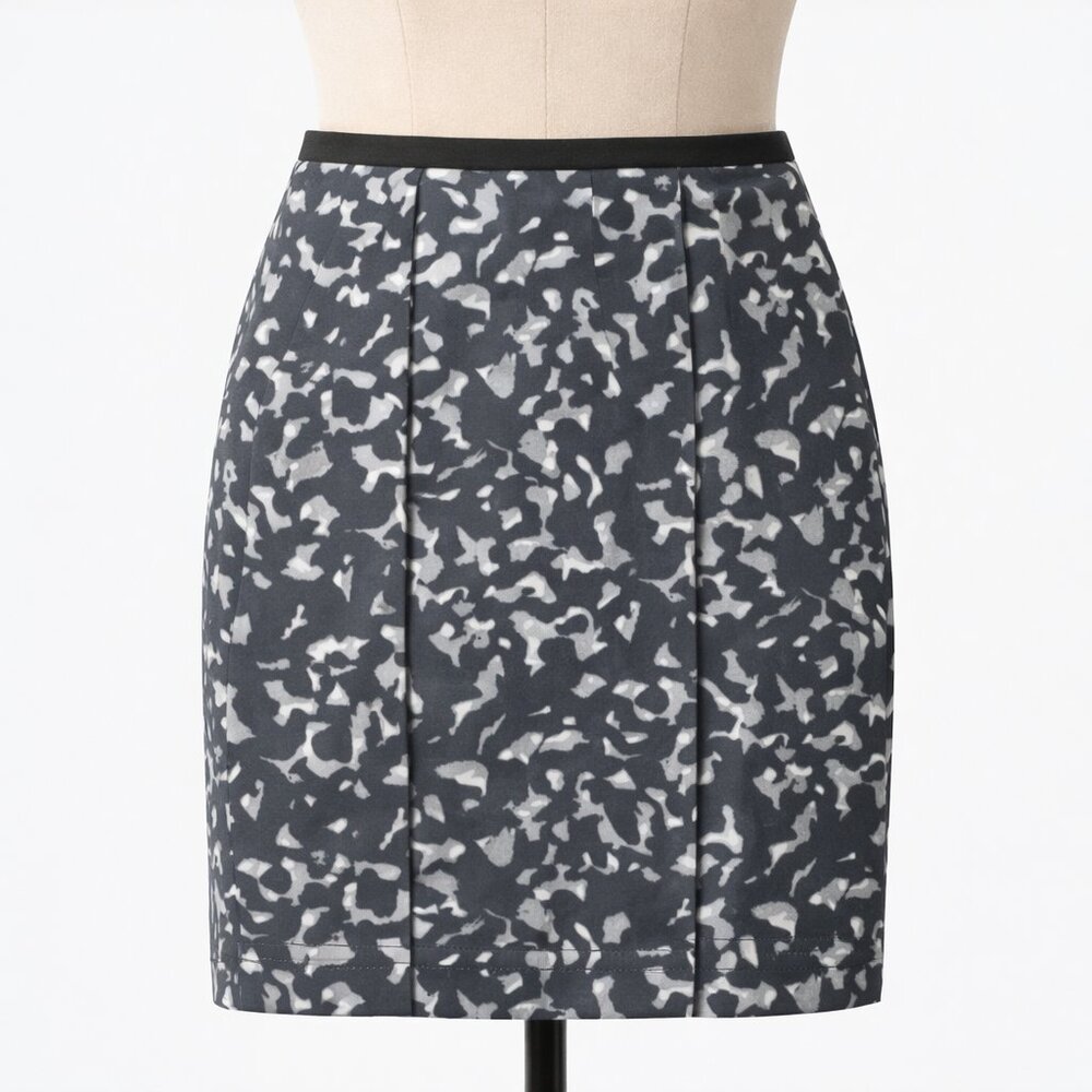 LOFT 4P Black Gray Abstract Watercolor Animal Print Pencil Skirt Lined Cotton
